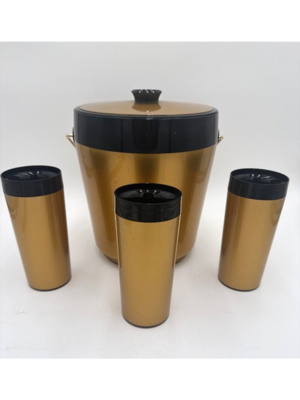 West Bend Thermo Serv Insulated Ice Bucket W/ Lid & 3 Tumblers 70's Barware